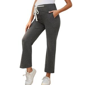 Maternity Wide Leg High Waisted Lounge Pants with Pockets Deep Grey